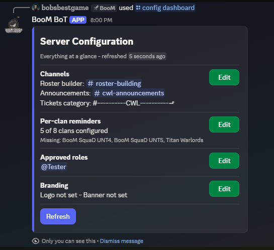 The config dashboard home screen