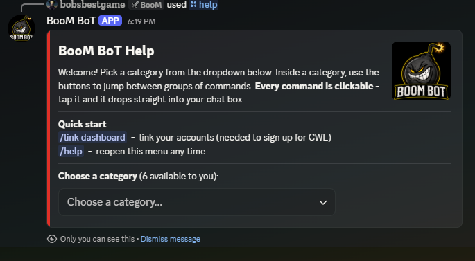 The /help menu