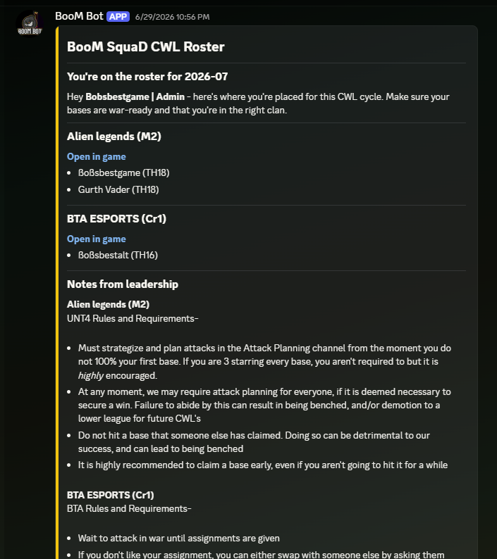 A placement DM: every account, its clan, and leadership notes