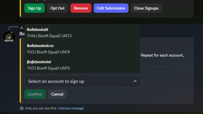 Signing up: pick an account, stage it, confirm