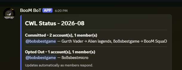 The live CWL Status board, grouped by member